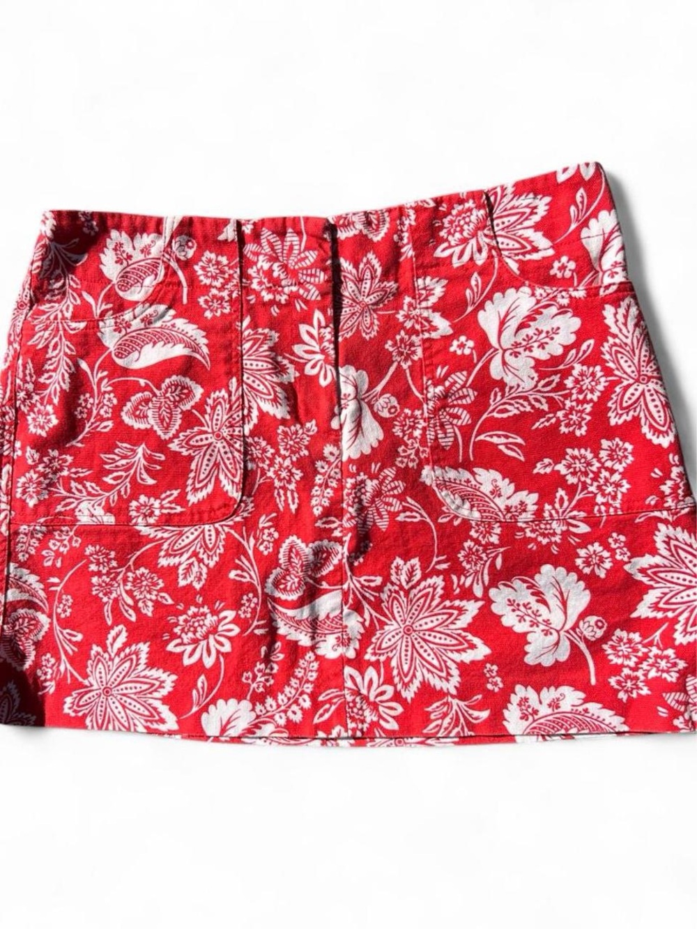 Express Mini denim skirt - Hawaiian tropical print - coral red - size 4 like new
